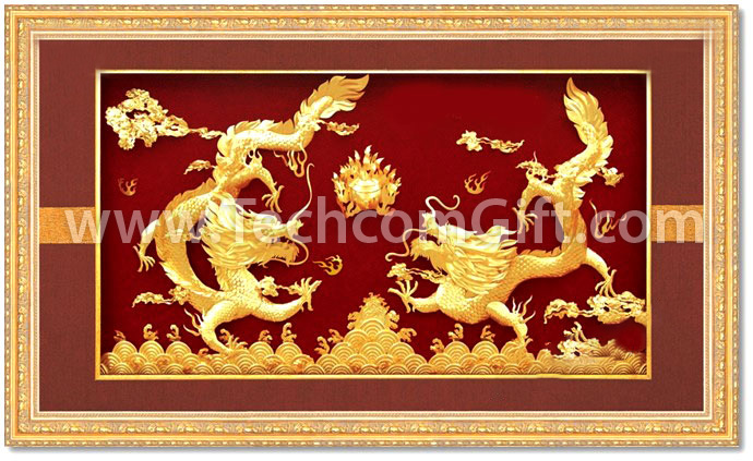 Tranh Song Long Chầu Nguyệt Dát Vàng